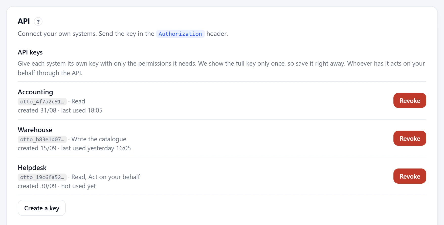 The API card in the Otto panel settings with a list of keys