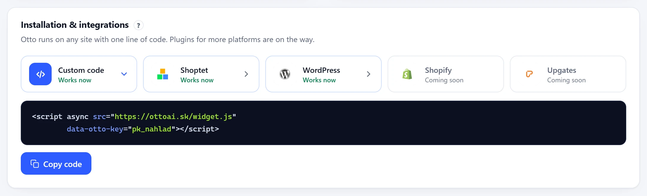 The Installation and integrations card in the Otto panel with the chat code