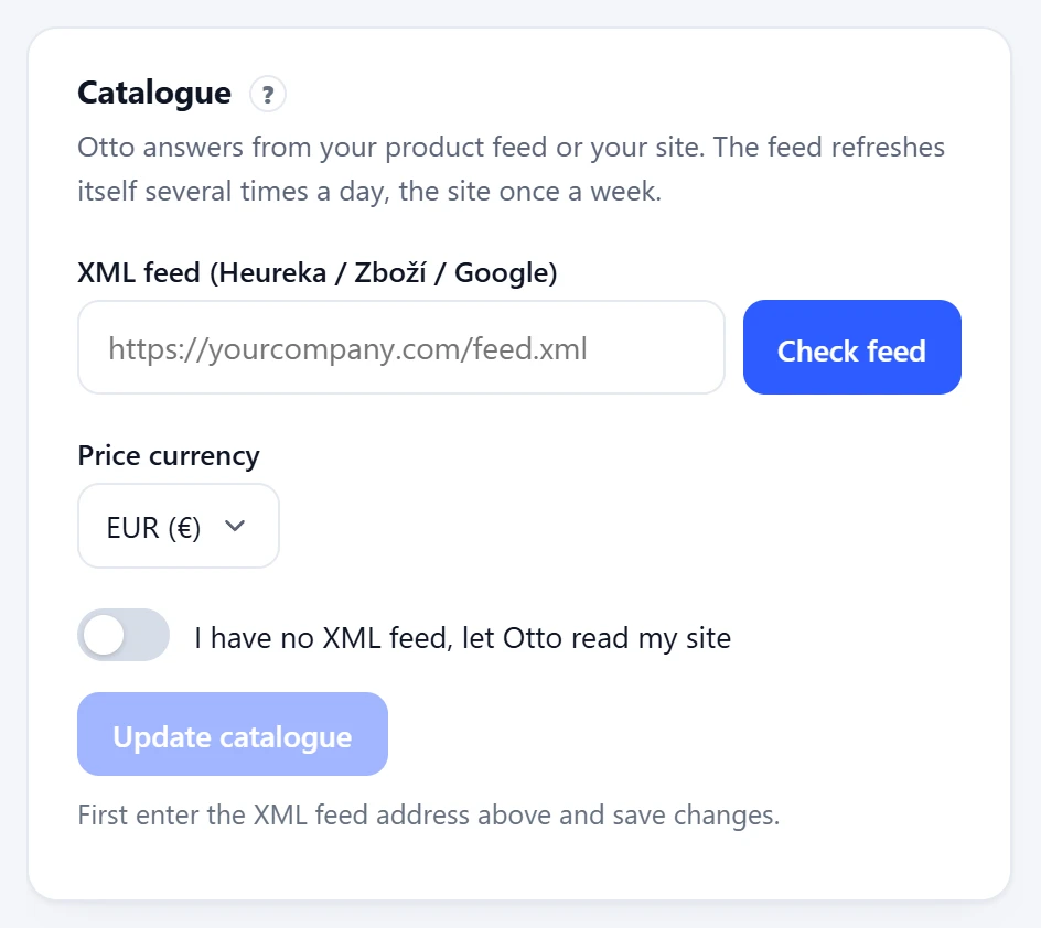 The Catalogue section in the Otto panel settings with the feed address