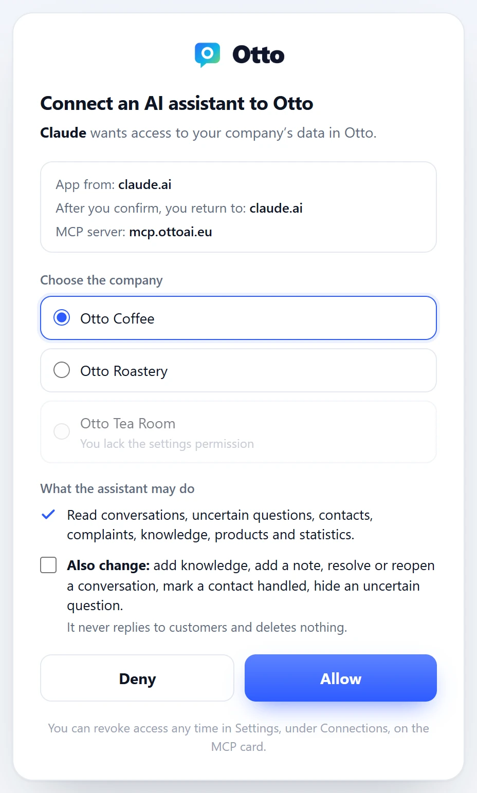 The Otto page where you allow an AI assistant to access a company