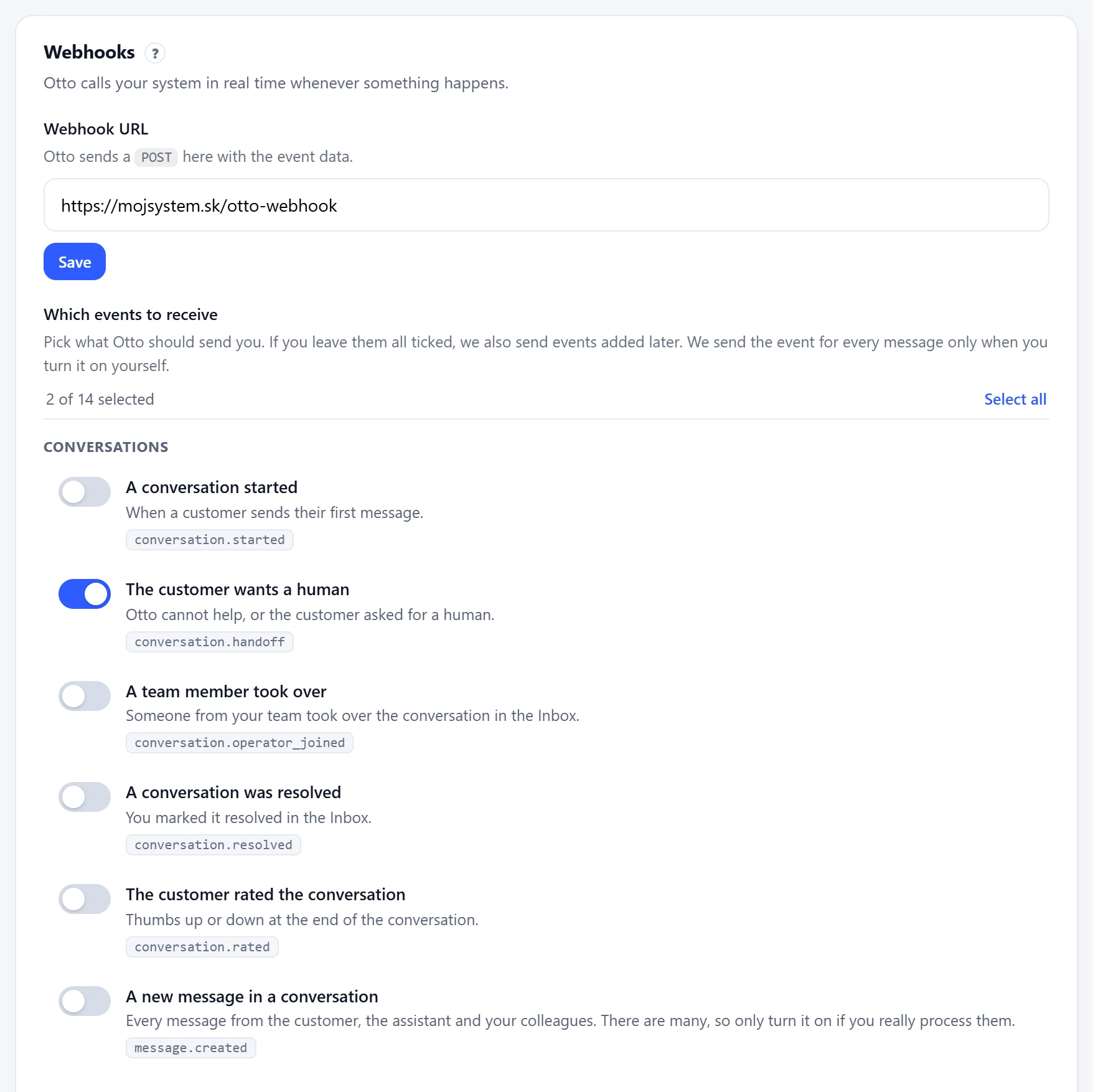 Webhook settings in the Otto panel with the event list