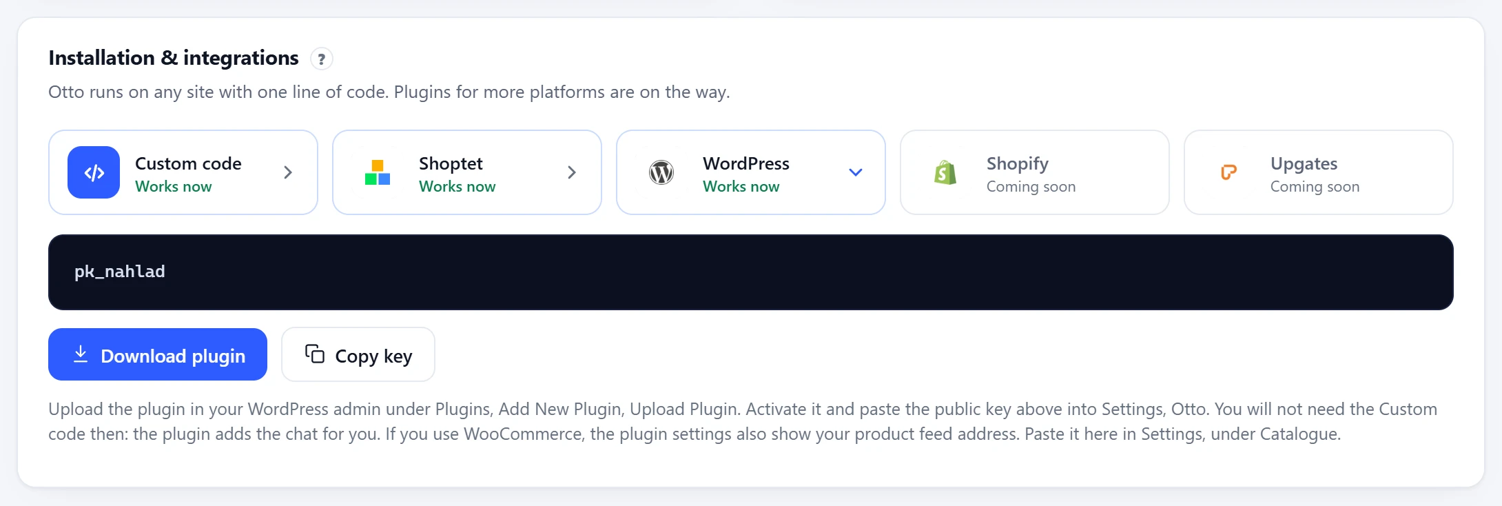 The WordPress tile in the Otto panel with the plugin download and the public key